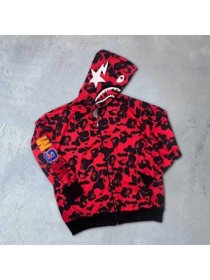 Koflandy Unisex Pubg Bape x Shark Hoodie - Kırmızı