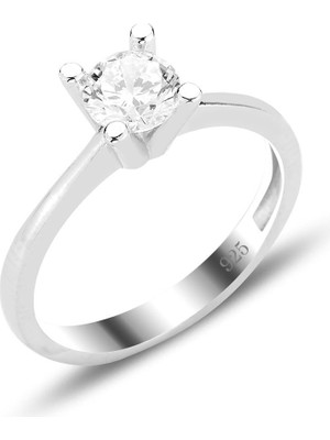 Söğütlü Silver Gümüş Beyaz Altın Rodyumlu Zirkon Taşlı Tektaş Yüzük