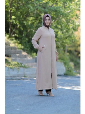 Zey&Ka Butik Büyük Beden Kuş Gözü Detay Fermuarlı Cepli Kap Ferace