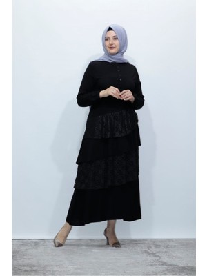 Zey&Ka Butik Önü Kat Kat Dantel Düğmeli Viscone Elbise