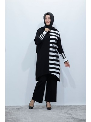 Zey&Ka Butik Büyük Beden Merserize Soğuk Rayon Iplik Perfect Çizgili Tunik Pantolon Ikili Takım