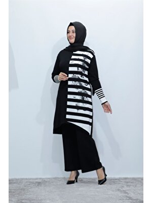 Zey&Ka Butik Büyük Beden Merserize Soğuk Rayon Iplik Perfect Çizgili Tunik Pantolon Ikili Takım