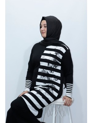 Zey&Ka Butik Büyük Beden Merserize Soğuk Rayon Iplik Perfect Çizgili Tunik Pantolon Ikili Takım