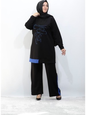 Zey&Ka Butik Büyük Beden Inci Işlemeli Iki Iplik Pamuklu Tunik Pantolon Ikili Takım