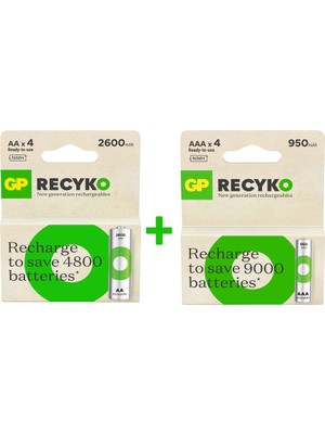 GP Recyko 8'li Şarjlı Pil Seti 2600mAh AA ve 950mAh AAA 1,2 V Voltajlı Yüksek Performans
