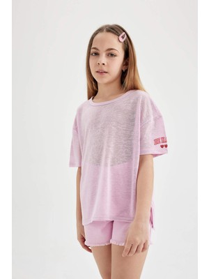 DeFacto Oversize Geniş Kalıp Bisiklet Yaka Baskılı Kısa Kollu Tişört Kız Çocuk C4606A824SM