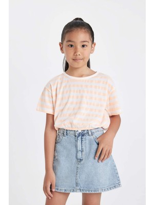 DeFacto Bisiklet Yaka Çizgili Kısa Kollu Tişört Kız Çocuk B7180A824SM