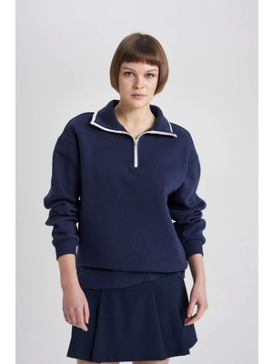 DeFacto Relax Fit Polo Yaka Yarım Fermuarlı Basic Düz Sweatshirt C1930AX23WN