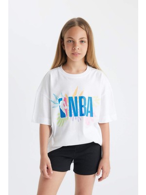 DeFacto Kız Çocuk NBA Wordmark Oversize Geniş Kalıp Bisiklet Yaka Kısa Kollu Tişört