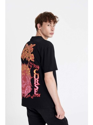 DeFacto Oversize Geniş Kalıp Bisiklet Yaka Sırt Baskılı Kısa Kollu Tişört