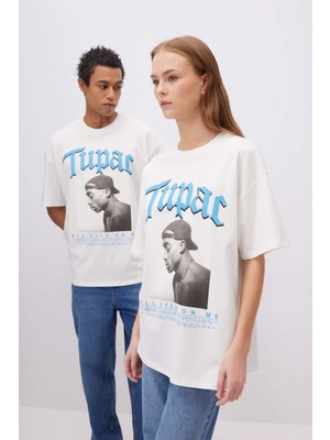 DeFacto Unisex Coool Tupac Shakur Oversize Geniş Kalıp Bisiklet Yaka Kısa Kollu Tişört