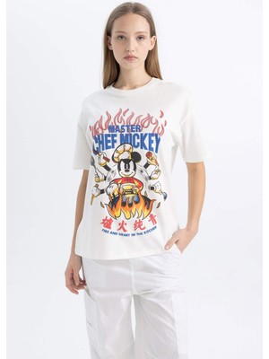 DeFacto Unisex Coool Disney Mickey & Minnie Oversize Bisiklet Yaka Kısa Kollu Tişört C3786AX24SM