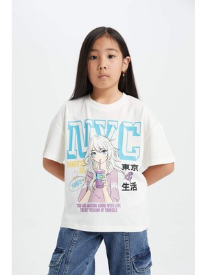 DeFacto Kız Çocuk Oversize Geniş Kalıp Kısa Kollu Tişört Bisiklet Yaka Ekru-ER85 Pamuklu