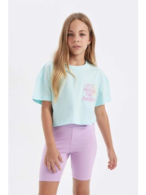 DeFacto Crop Bisiklet Yaka Baskılı Kısa Kollu Tişört Kız Çocuk C4506A824SM
