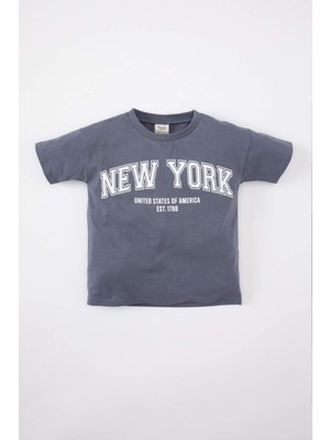 DeFacto Erkek Bebek Kısa Kollu Baskılı Tişört Bisiklet Yaka Günlük Stil Gri Renk