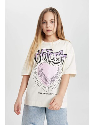 DeFacto Kız Çocuk Oversize Geniş Kalıp Kısa Kollu Tişört Bisiklet Yaka Baskılı 100% Pamuk