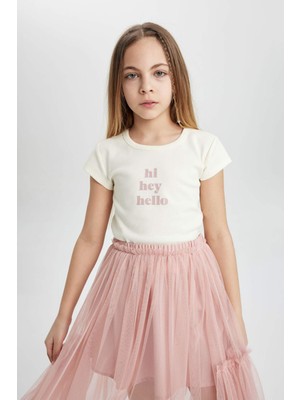 DeFacto Kız Çocuk Slim Fit Dar Kesim Bisiklet Yaka Baskılı Ribana Kısa Kollu Tişört C1433A824SM