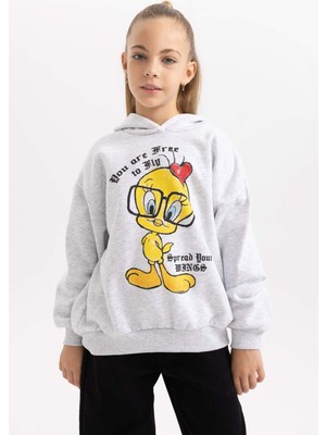 DeFacto Kız Çocuk Looney Tunes Oversize Fit Kapüşonlu İçi Yumuşak Tüylü Kalın Sweatshirt B4729A823WN