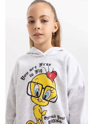 DeFacto Kız Çocuk Looney Tunes Oversize Fit Kapüşonlu İçi Yumuşak Tüylü Kalın Sweatshirt B4729A823WN