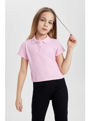 DeFacto Kız Çocuk Slim Fit Dar Kesim Basic Düz Fitilli Kaşkorse Kısa Kollu Polo Tişört