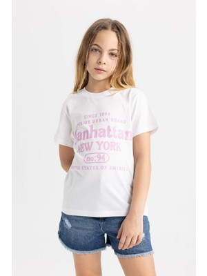 DeFacto Kız Çocuk Bisiklet Yaka Baskılı Kısa Kollu Tişört B5088A824SM