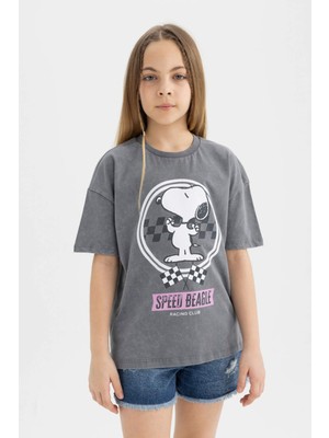 DeFacto Kız Çocuk Snoopy Oversize Geniş Kalıp Bisiklet Yaka Kısa Kollu Tişört