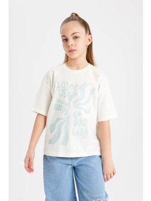 DeFacto Kız Çocuk Relax Fit Bisiklet Yaka Baskılı Kısa Kollu Tişört