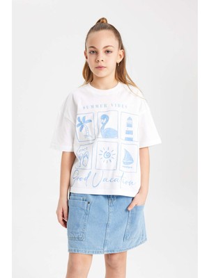 DeFacto Kız Çocuk Oversize Geniş Kalıp Bisiklet Yaka Baskılı Kısa Kollu Tişört