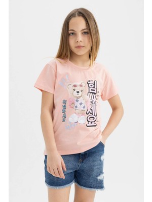 DeFacto Kız Çocuk Bisiklet Yaka Ayıcık Baskılı Kısa Kollu Tişört B5124A824HS