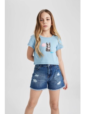 DeFacto Kız Çocuk Bisiklet Yaka Baskılı Ribana Kısa Kollu Tişört C2217A824SM