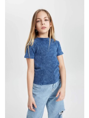 DeFacto Slim Fit Dar Kesim Bisiklet Yaka Fitilli Kaşkorse Kısa Kollu Tişört Kız Çocuk C3187A824SM