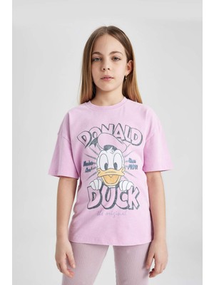 DeFacto Kız Çocuk Disney Mickey & Minnie Oversize Geniş Kalıp Bisiklet Yaka Kısa Kollu Tişört