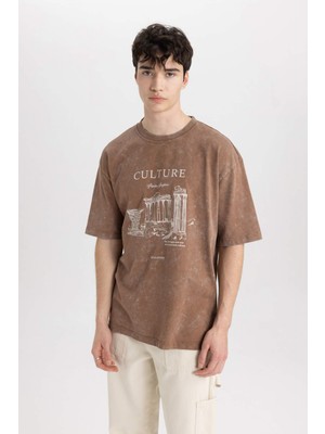 DeFacto Oversize Geniş Kalıp Bisiklet Yaka Baskılı Kısa Kollu Tişört C0150AX24SM