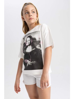 DeFacto Kız Çocuk Mona Lisa Relax Fit Bisiklet Yaka Kısa Kollu Tişört A5233A823HS
