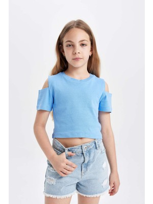 DeFacto Kız Çocuk Slim Fit Dar Kesim Bisiklet Yaka Basic Düz Ribana Kısa Kollu Tişört C9714A824HS