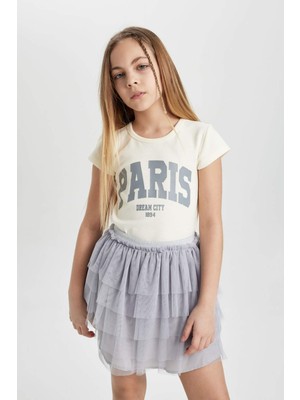 DeFacto Kız Çocuk Slim Fit Dar Kesim Bisiklet Yaka Ribana Baskılı Kısa Kollu Tişört