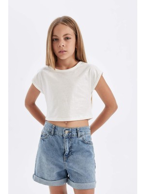 DeFacto Slim Fit Dar Kesim Bisiklet Yaka Fitilli Kaşkorse Kısa Kollu Tişört Kız Çocuk C5467A824SM