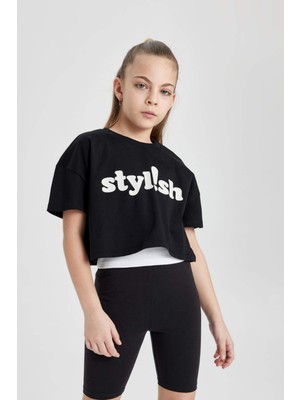 DeFacto Bisiklet Yaka Baskılı Crop Kısa Kollu Tişört Kız Çocuk B7181A824SM