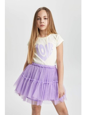 DeFacto Kız Çocuk Slim Fit Dar Kesim Bisiklet Yaka Ribana Baskılı Kısa Kollu Tişört