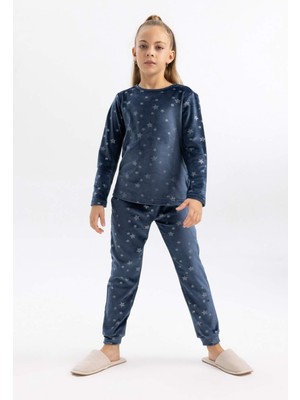 DeFacto Kız Çocuk Desenli Uzun Kollu Kadife Mini Me Pijama Takımı B3367A823WN