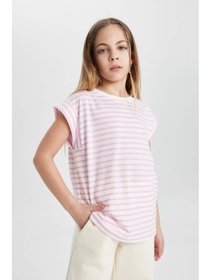 DeFacto Kız Çocuk Oversize Geniş Kalıp Bisiklet Yaka Çizgili Kısa Kollu Tişört