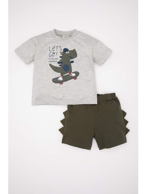 DeFacto Erkek Bebek 2'li Takım Bisiklet Yaka Dinazor Baskılı Kısa Kollu Tişört Şort