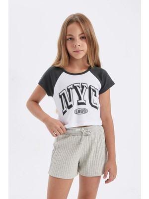 DeFacto Crop Bisiklet Yaka Baskılı Kısa Kollu Tişört Kız Çocuk C4452A824SM