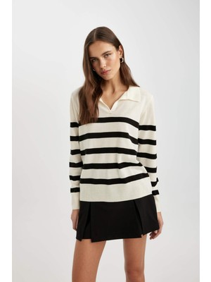 DeFacto Regular Fit Polo Yaka Çizgili Triko Kazak A1249AX24WN