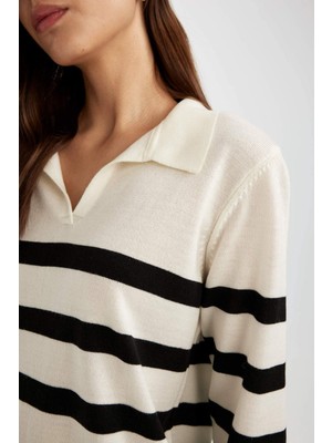 DeFacto Regular Fit Polo Yaka Çizgili Triko Kazak A1249AX24WN