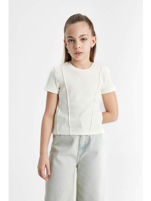 DeFacto Kız Çocuk Slim Fit Dar Kesim Bisiklet Yaka Ribana Kısa Kollu Tişört C0104A824SM