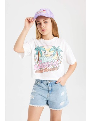 DeFacto Kız Çocuk Bisiklet Yaka Baskılı Kısa Kollu Tişört B5171A824HS