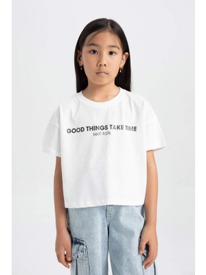 DeFacto Kız Çocuk Bisiklet Yaka Baskılı Kısa Kollu Tişört C4608A824SM