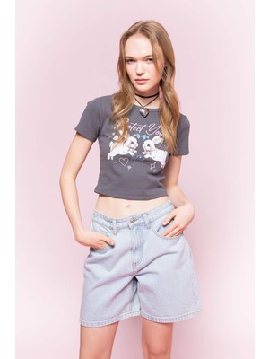 DeFacto Coool Fitted Bisiklet Yaka Baskılı Ribana Kısa Kollu Tişört D1621AX24SM