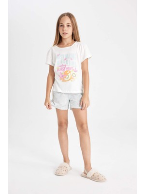 DeFacto Kız Çocuk Pijama Takımı Bisiklet Yaka Baskılı Kısa Kollu Üst Şort D2073A824SM